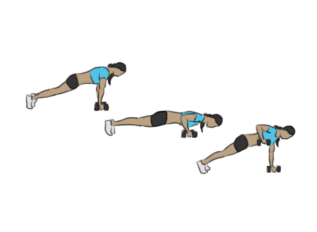 Dumbbell push-ups to row