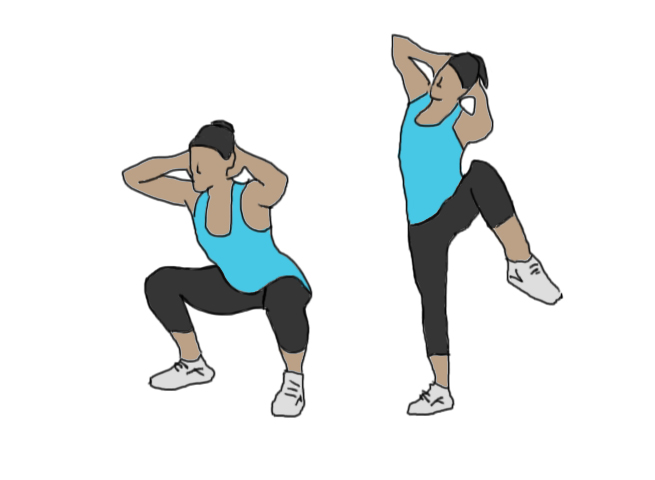Squat to knee up