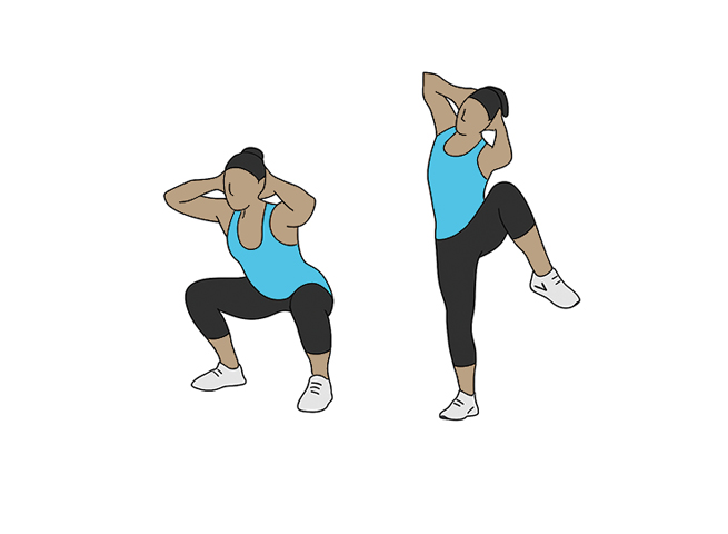Squat to knee up