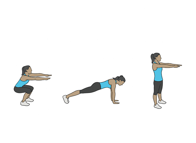 Squat to high plank to stand up